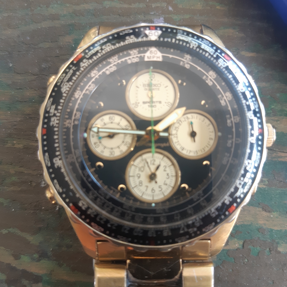 Seiko Flight Master Black and Gold Multi-Dial Watch